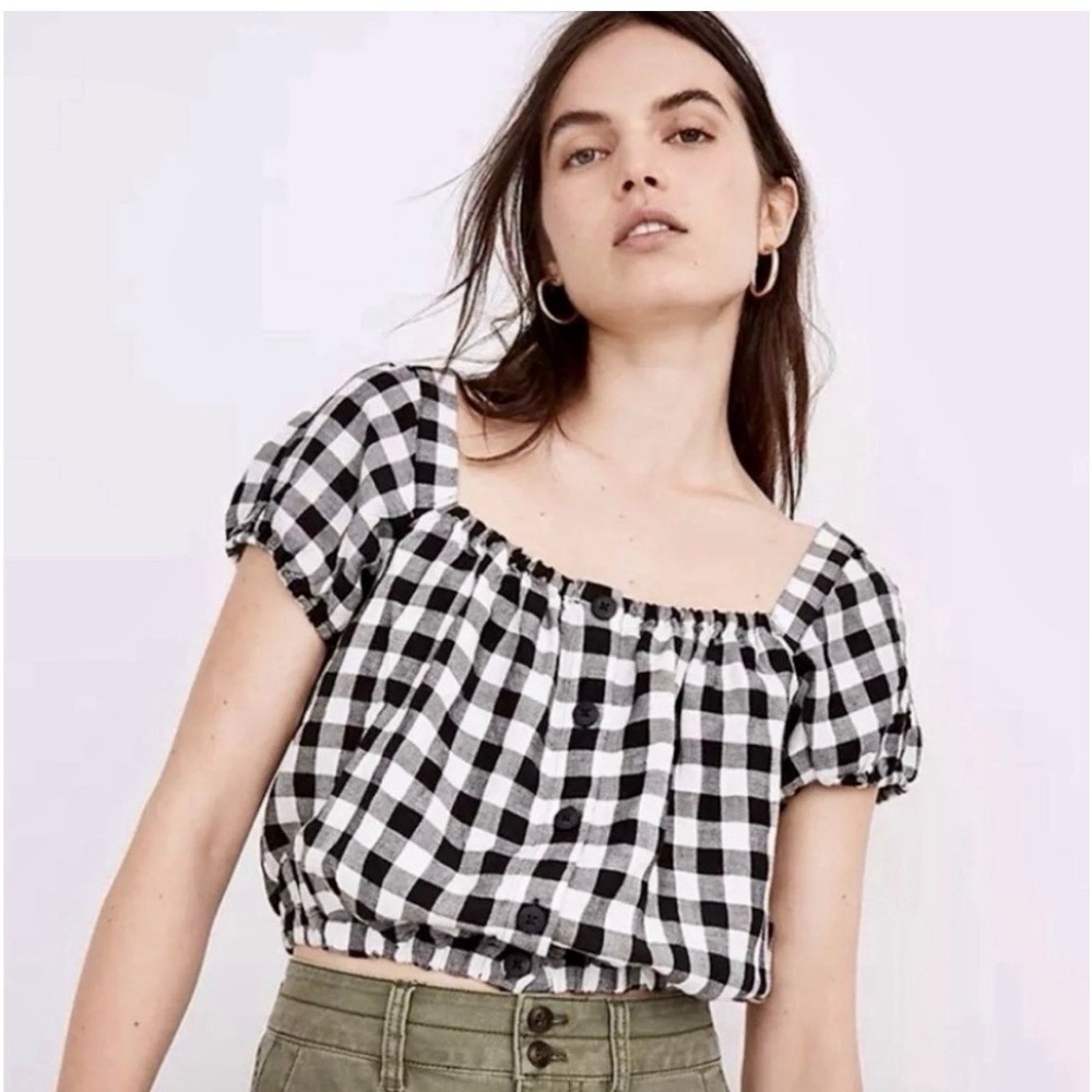 Madewell‎ Gingham Puff Sleeve Crop Top Size M Summer Picnic Linen Blend